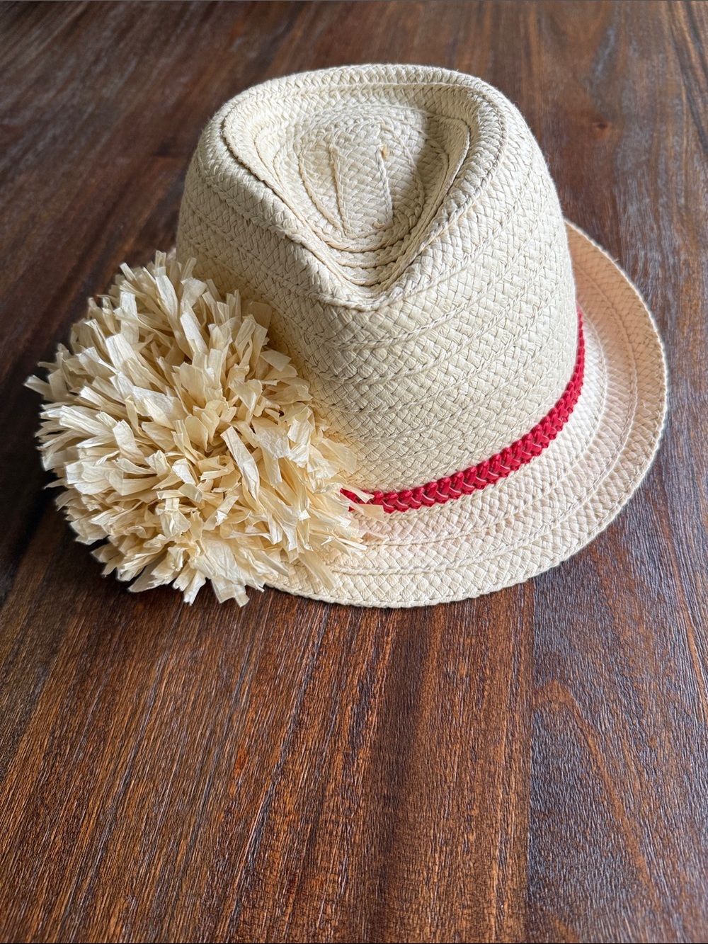 LOFT Beige Straw Fedora with Red Band and Beige Pom